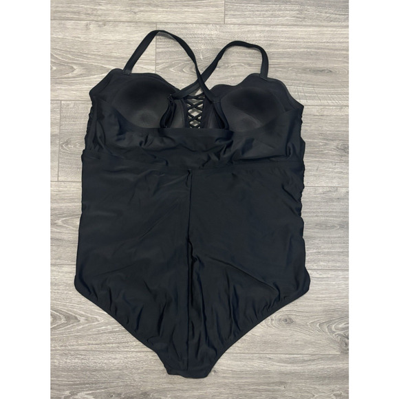 Torrid One Piece Swimsuit Black Ruched Lattice‎ Front Adjustable Straps Sz 4 - Picture 2 of 8